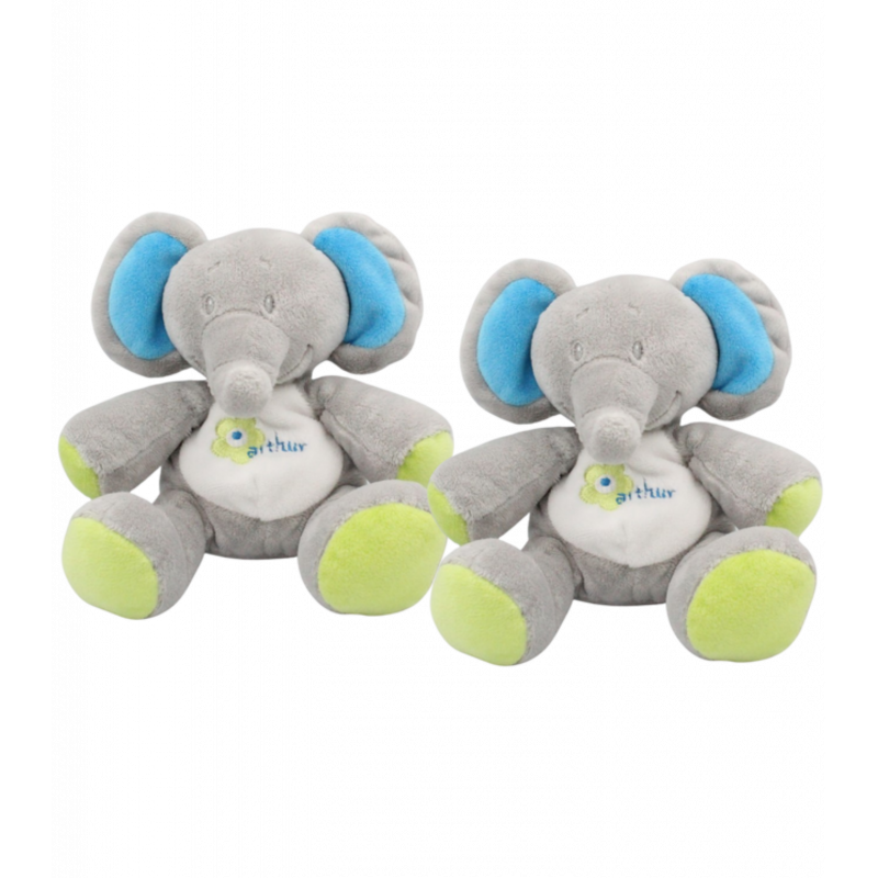 Doudou éléphant gris bleu vert Arthur et Lola BEBISOL LOT DE 2