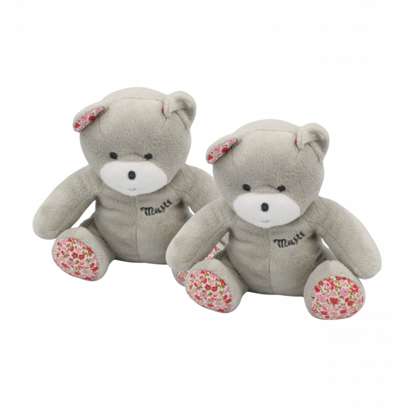 Doudou ours gris rose fleurs Musti Mustela LOT DE 2