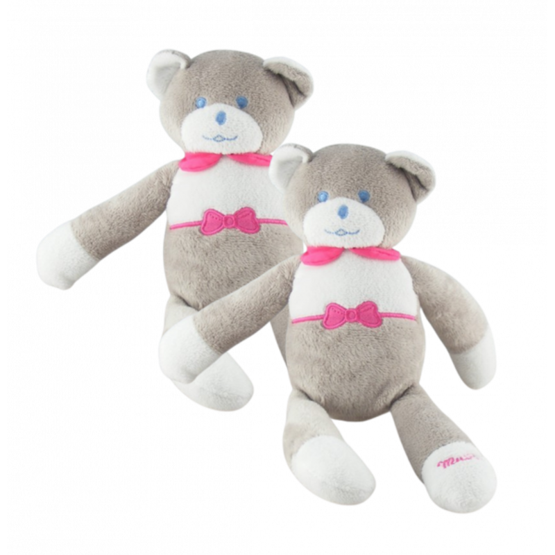 Doudou ours gris blanc noeud rose Musti de Mustela LOT DE 2