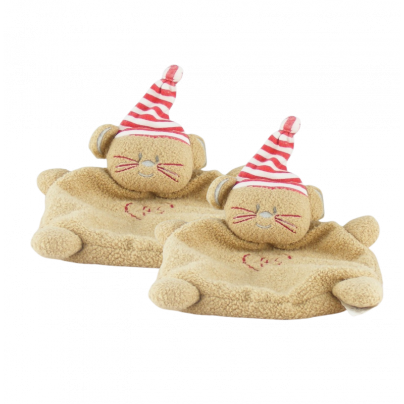 Doudou plat souris beige bonnet rayé rouge coeur ABSORBA LOT DE 2