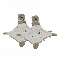 Doudou ours beige blanc étoiles mouchoir POMMETTE LOT DE 2