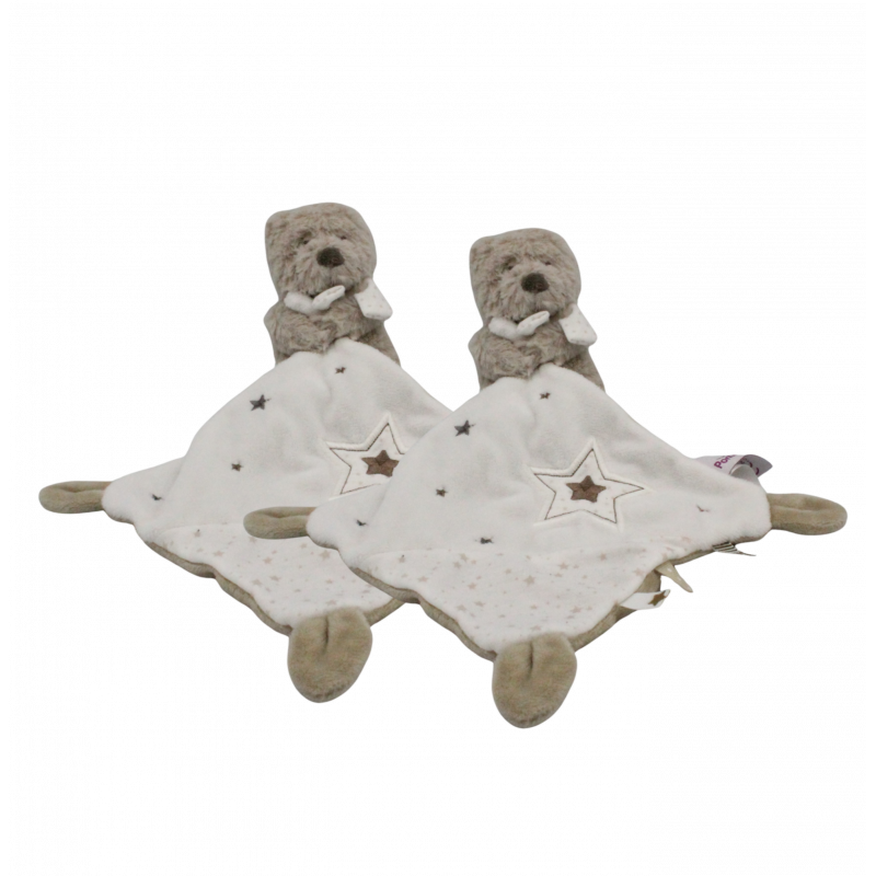 Doudou ours beige blanc étoiles mouchoir POMMETTE LOT DE 2