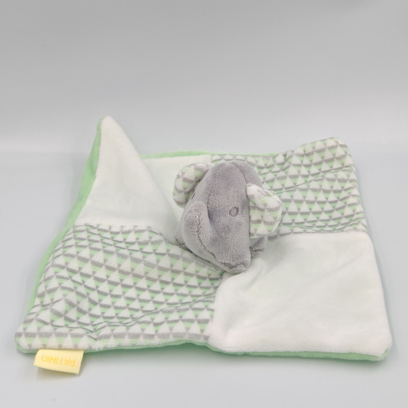 Doudou plat éléphant gris blanc vert PATINIO