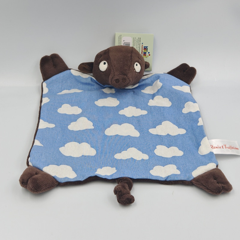 Doudou plat cochon marron bleu nuages blanc ROSALIE & TRUFFELCHEN