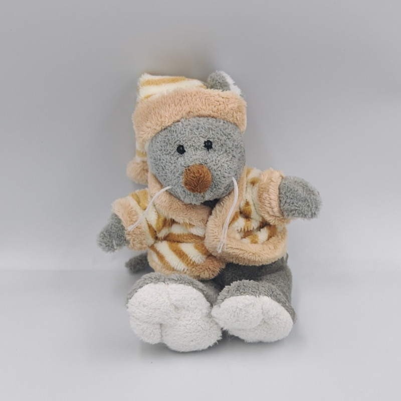Doudou souris grise gilet rayé blanc beige RODA
