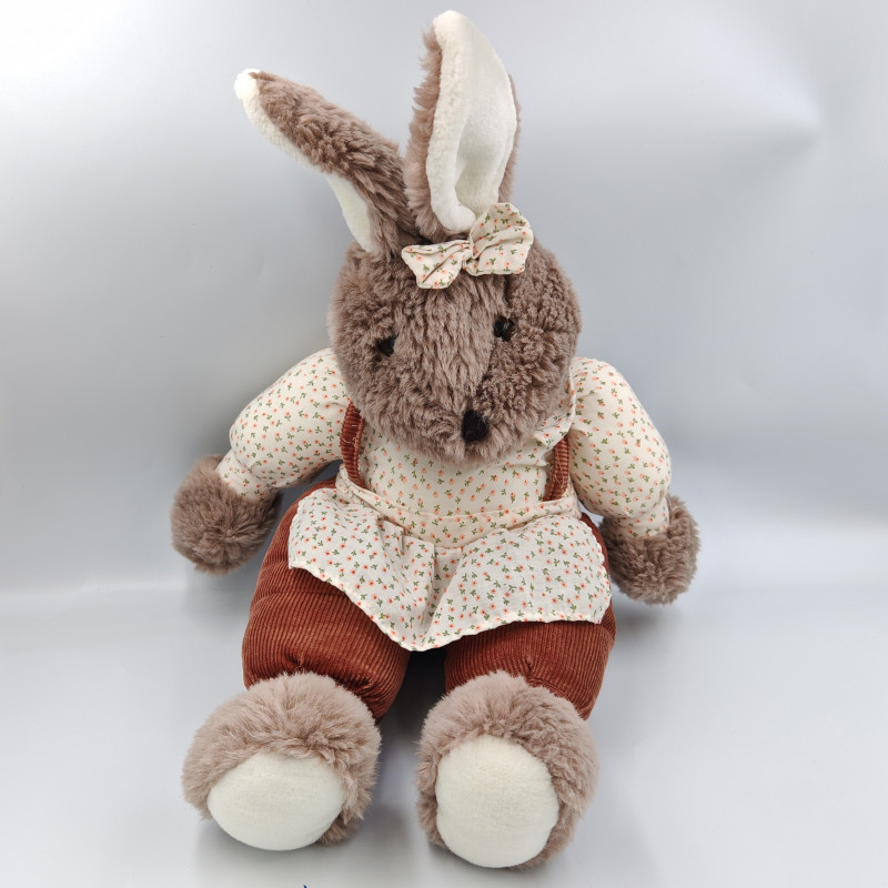 Ancienne peluche lapin marron velours fleurs JEMINI