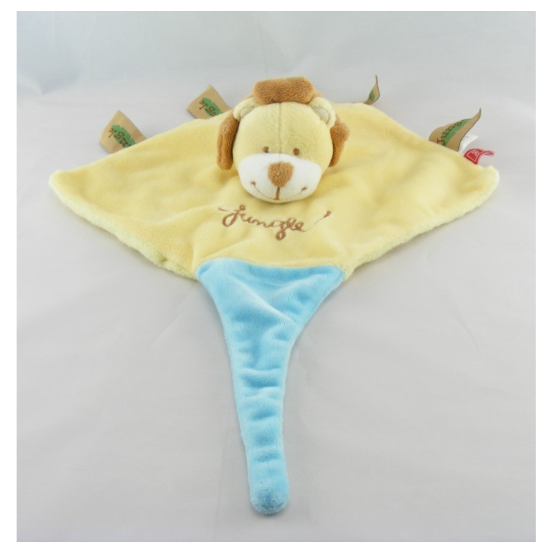 Doudou plat lion jaune bleu attache tétine jungle TEX