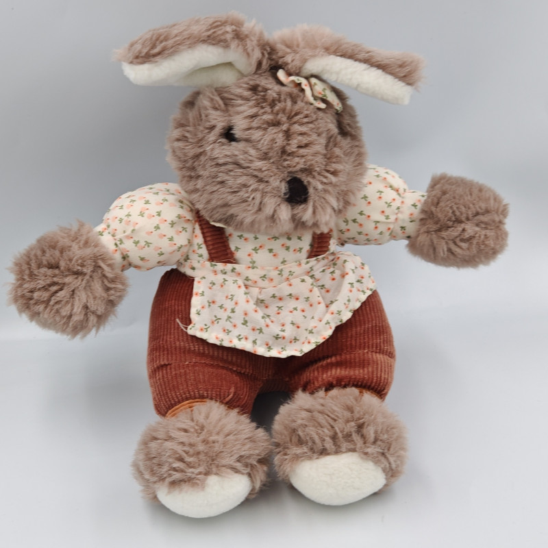 Ancienne peluche lapin marron velours fleurs JEMINI