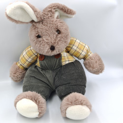 Ancienne peluche lapin salopette marron velours carreaux JEMINI