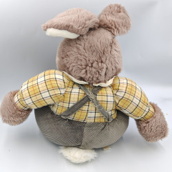 Ancienne peluche lapin salopette marron velours carreaux JEMINI
