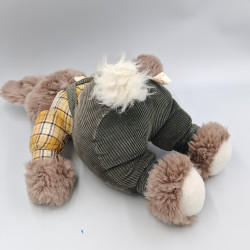Ancienne peluche lapin salopette marron velours carreaux JEMIN
