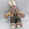 Ancienne peluche lapin salopette marron velours carreaux JEMIN
