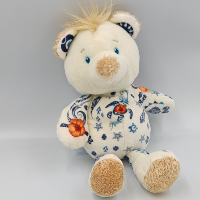 Doudou ours écru beige motifs bleu inca tortue SIMBA TOYS NICOTOY