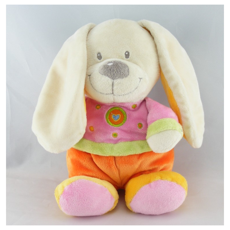 Doudou lapin rose orange vert coeur brodé NICOTOY NEUF