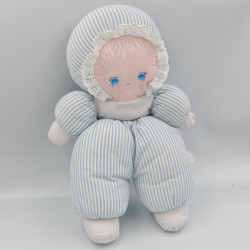 Ancien doudou poupée chiffon tissu bleu blanc rayé MUNDIA