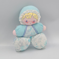Ancien Doudou poupée chiffon tissu bleu fleurs COROLLE