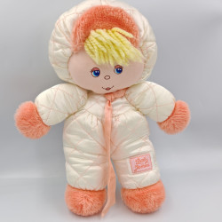 Ancien doudou poupée chiffon blanc rose satin JEMINI