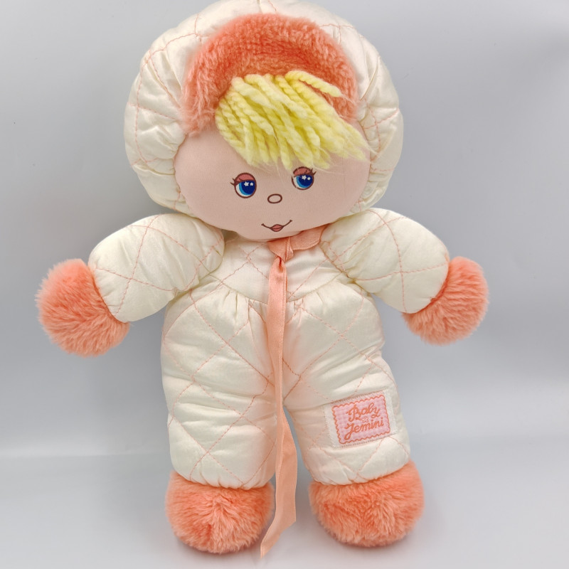 Ancien doudou poupée chiffon blanc rose satin JEMINI