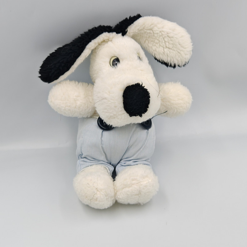 Ancienne peluche chien blanc noir salopette bleu rayé NOUNOURS