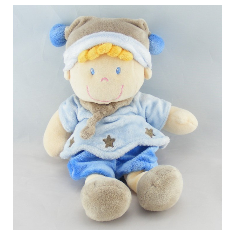 Doudou plat lutin garçon bleu gris étoiles NICOTOY