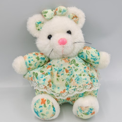 Ancienne peluche couple de souris blanc vert bleu fleurs