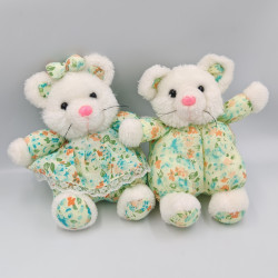 Ancienne peluche couple de souris blanc vert bleu fleurs