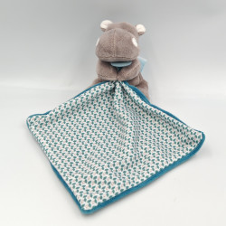 Doudou Hippopotame marron bleu Bazile l'hippo mouchoir BABY NAT