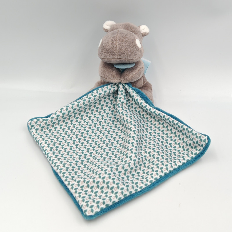 Doudou Hippopotame marron bleu Bazile l'hippo mouchoir BABY NAT