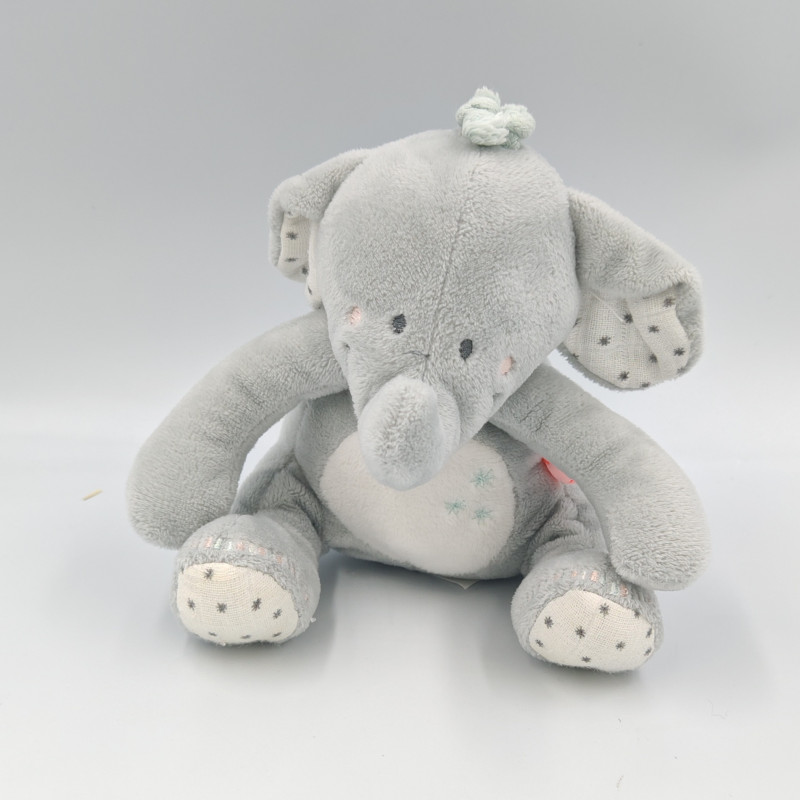 Doudou musical éléphant gris blanc étoiles NOUKIES NOUKIE'S