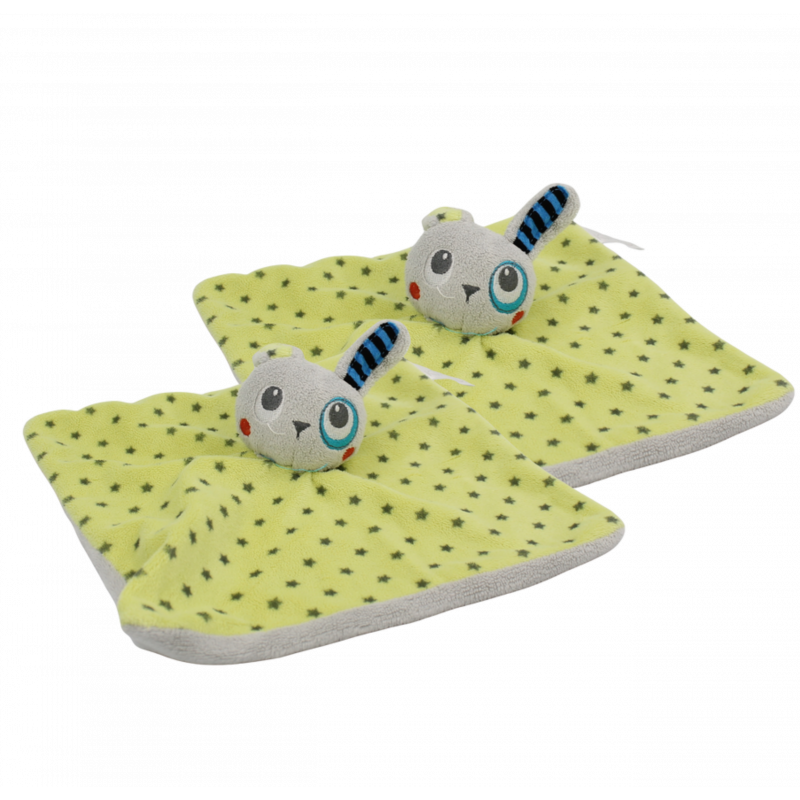 Doudou plat lapin vert gris étoiles KIMADI lot de 2