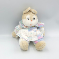 Ancienne peluche lapin beige blanc bleu rose jaune motifs buissons fleurs NOUNOURS