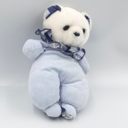 Ancien doudou ours bleu col carreaux AJENA