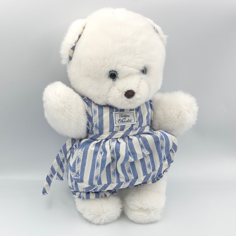 Doudou Ours blanc rayé bleu tablier TARTINE ET CHOCOLAT