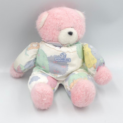 Doudou Ours rose blanc bleu jaune motifs buissons lapin NOUNOURS