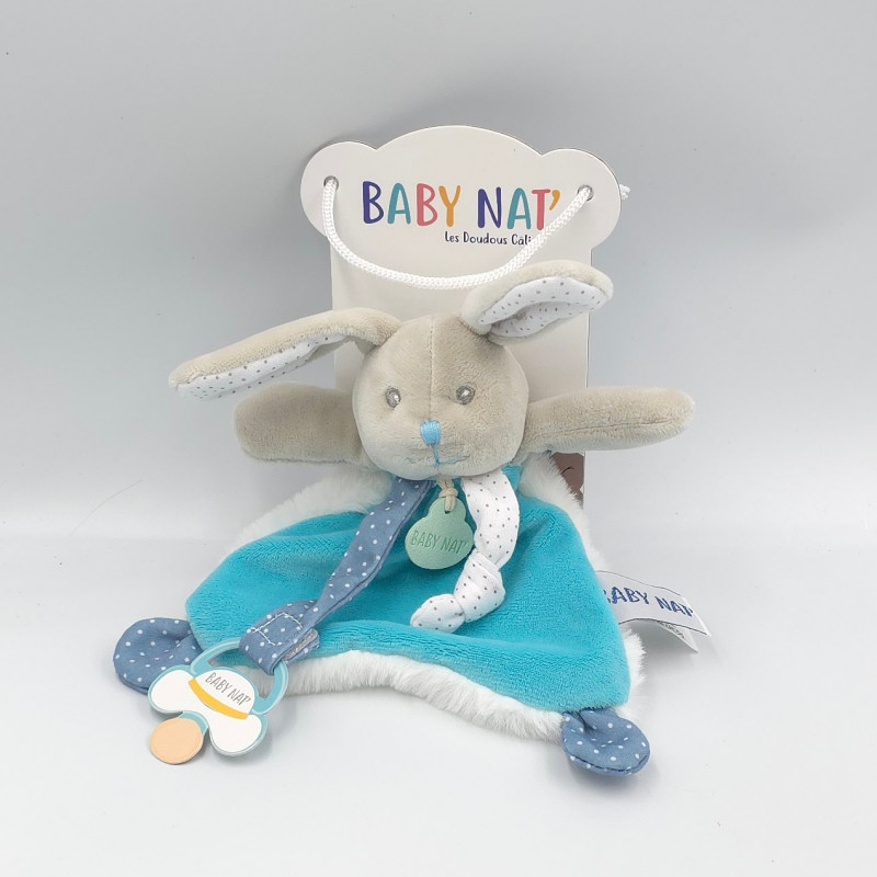 Doudou plat attache tétine lapin Poupi bleu blanc pois BABY NAT