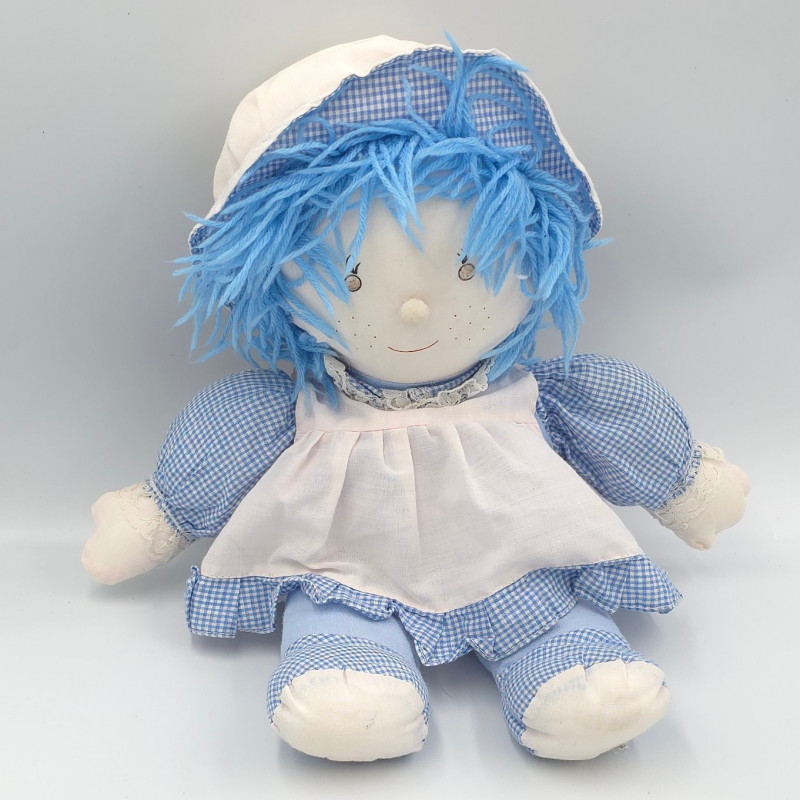 Ancienne poupée chiffon robe bleu blanc vichy