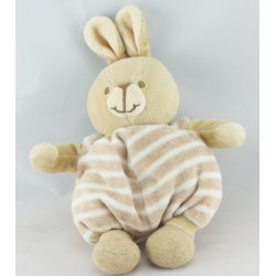 Doudou lapin beige bonnet et salopette rayé NOUNOURS