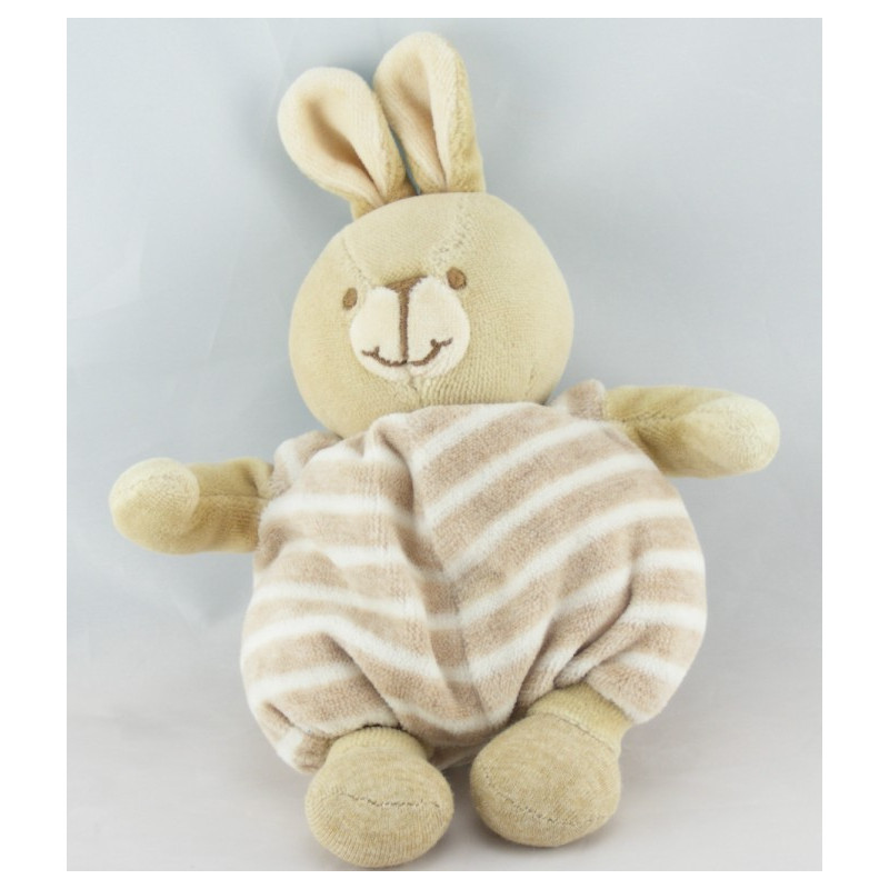 Doudou lapin beige bonnet et salopette rayé NOUNOURS