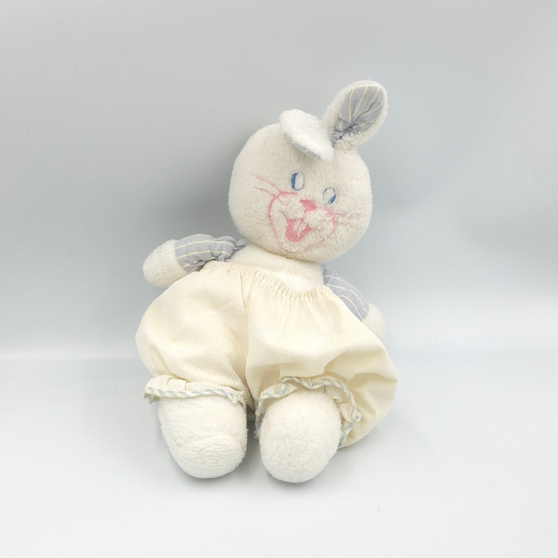 Ancien doudou peluche lapin blanc rose bleu