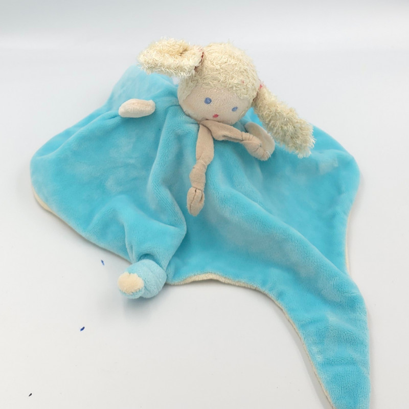 Doudou plat reversible poupée bleu écru AJENA