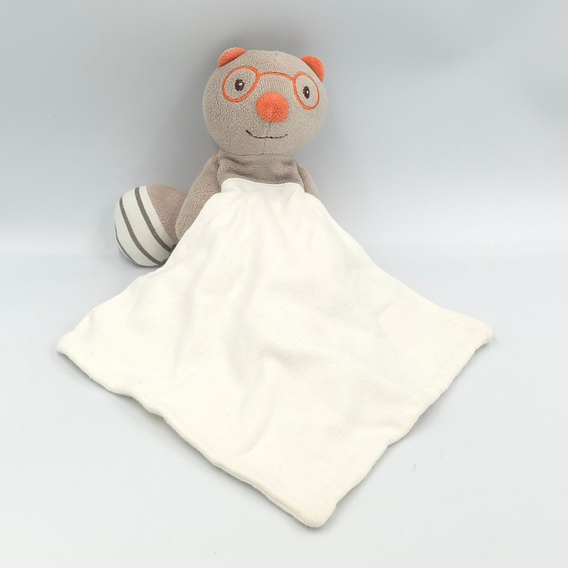 Doudou plat écureuil lunettes gris blanc orange rayé SUCRE D'ORGE