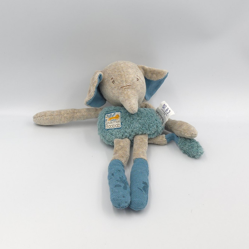 Doudou éléphant bleu Bergamote Sous mon baobab MOULIN ROTY