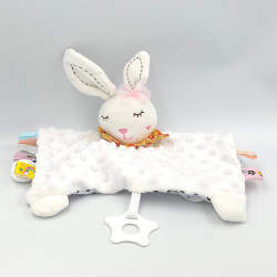Doudou plat lapin blanc pois noir étiquettes