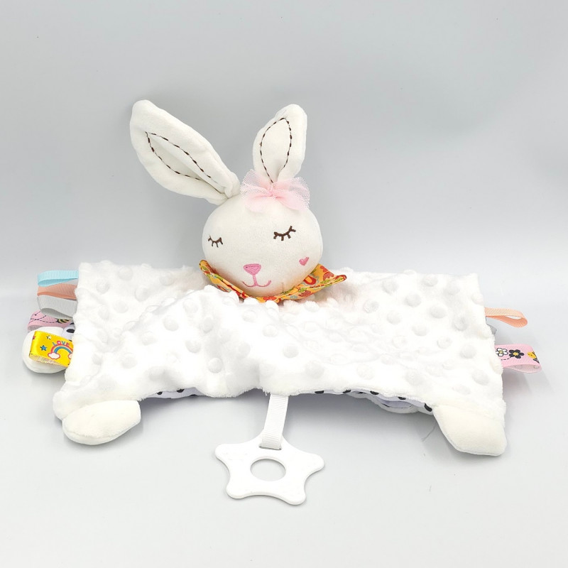 Doudou plat lapin blanc pois noir étiquettes