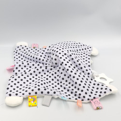 Doudou plat lapin blanc pois noir étiquettes