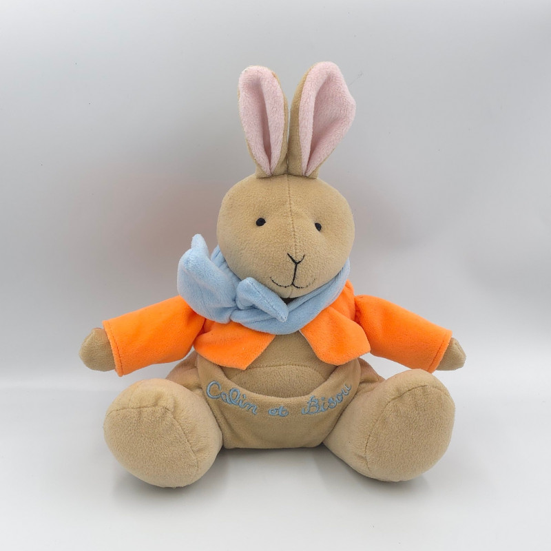 Doudou lapin beige orange bleu CALIN ET BISOU