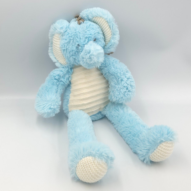 Doudou éléphant bleu blanc gris TEX