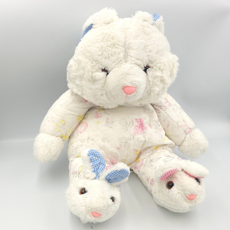 Ancienne peluche lapin blanc bleu rose fleurs fraises chaussons pantoufles IMPEXIT