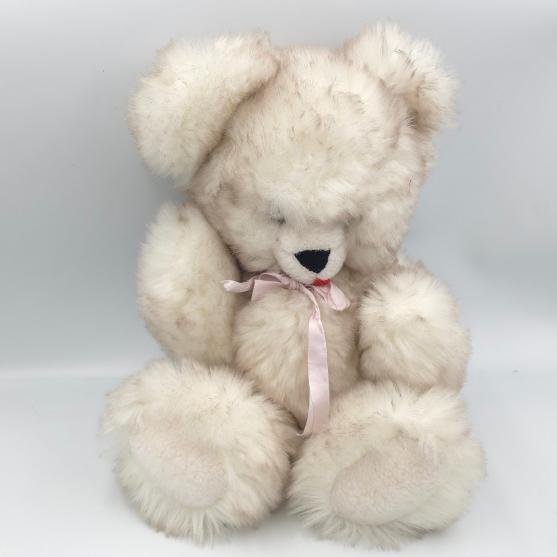 Ancienne peluche ours blanc beige gris noeud rose