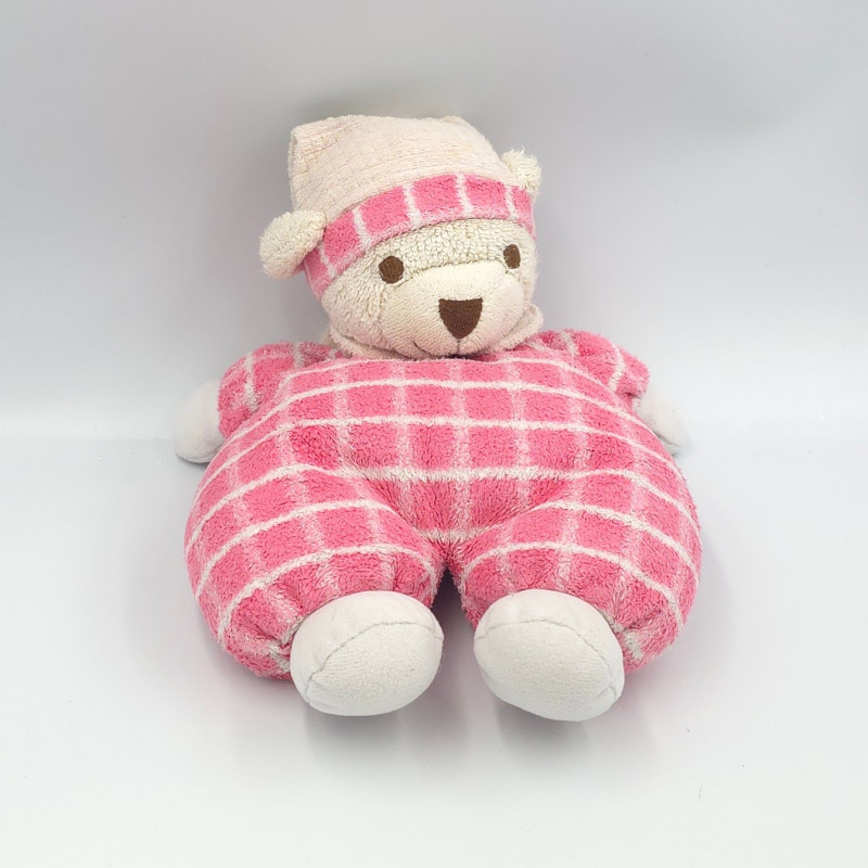 Doudou ours blanc carreaux rose bonnet Nounours